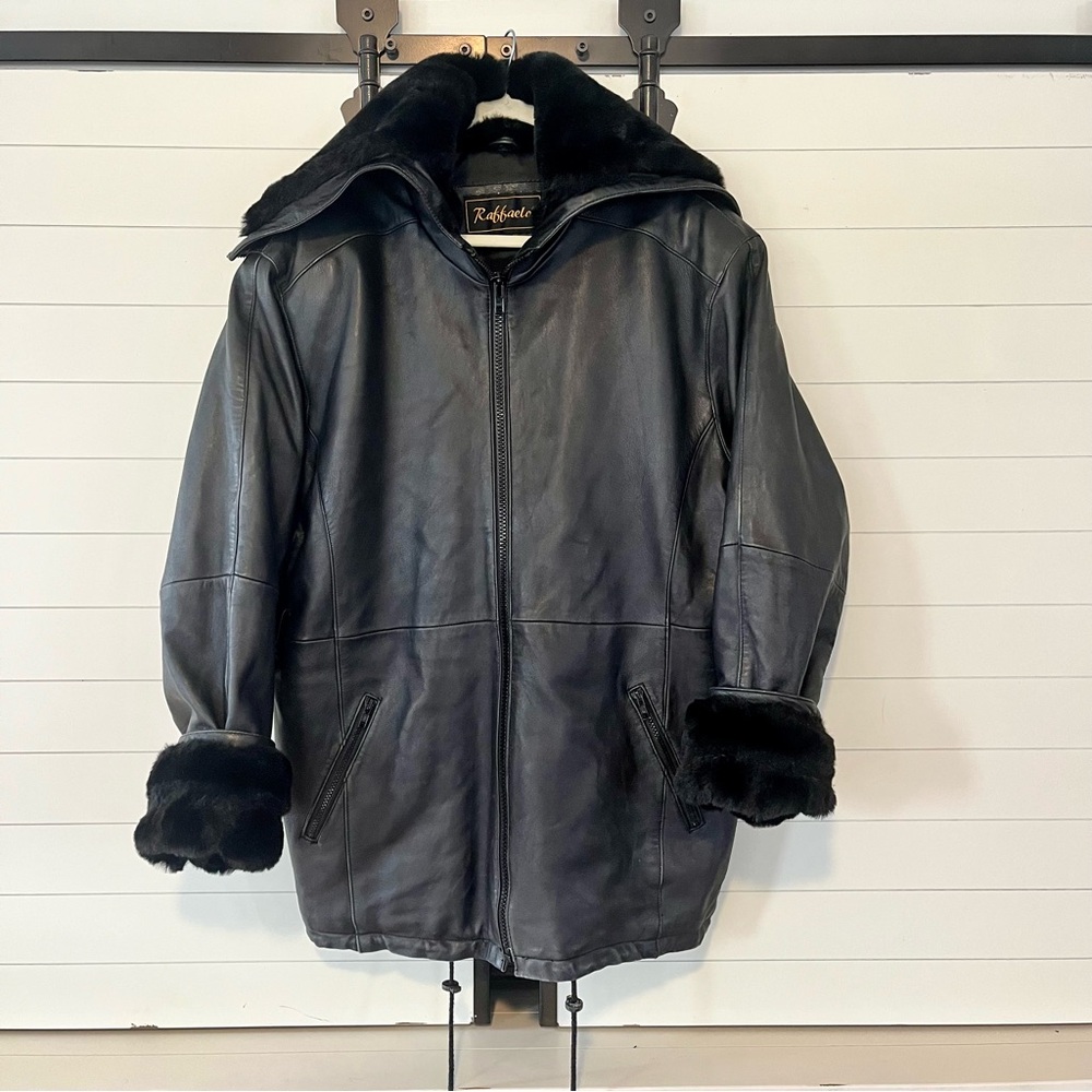 Raffaelo Black Leather Coat with Plush Trim XL Zippered Pockets Hooded Faux Fur